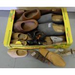 Boxed lot of shoe trees (1 “The London Shoe Co”), and 7 pairs of wooden clogs for children and