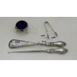 Sheffield Silver Sugar Tongs 1936, London Silver Condiment with blue liner 1848, London silver-