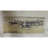 Pair of colour lithographs “The Cambridceshire Stakes, 1853” (1 without glass) & Print of River