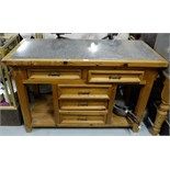 Pine Kitchen Island with drawers, black and grey granite top, 52”l x 2ft wide