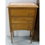 French walnut Side Cabinet with 3 drawers, on turned legs, red and white marble top, 34”h x 20”w