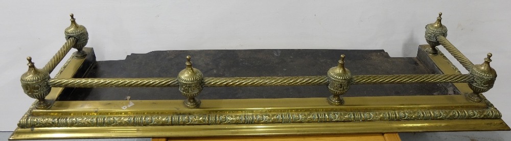Victorian Brass Fire Fender, with raised roped gallery and urn-shaped finials, original base 47”w - Image 2 of 2