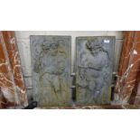 Pair of Cast Iron Plaques, decorated in relief with Cherubs in traditional poses, each 12”w x 24”h