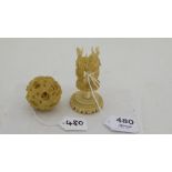 Chinese carved bone puzzle ball, featuring dragon heads & carved toothpick stand, featuring 3