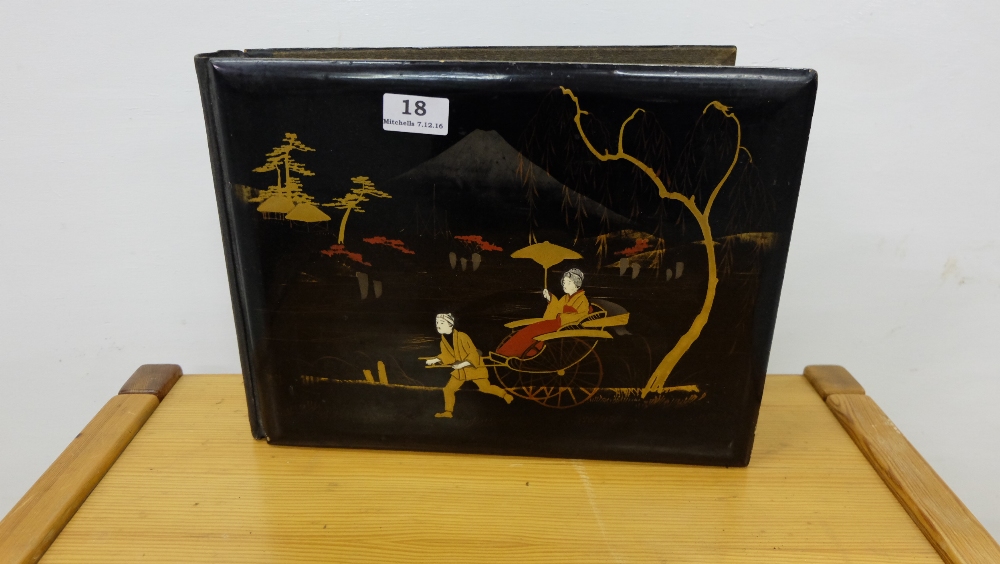 Victorian photograph Album, with Japanese lacquered cover, featuring a rickshaw (no photographs