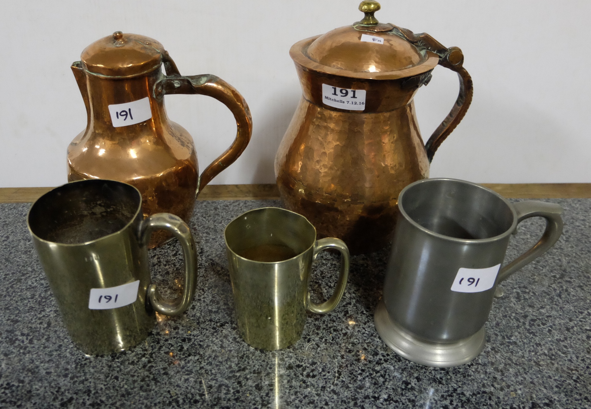 2 antique copper Persian jugs with lids & 3 tankards - 1 Elkington Plate, 1 pewter, 1 ½ pint