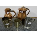 2 antique copper Persian jugs with lids & 3 tankards - 1 Elkington Plate, 1 pewter, 1 ½ pint