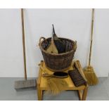 2 handled basket and contents – 3 hand brushes