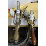 2 bar counter cork screws – 1 brass & 1 chrome & pair of chrome optics “Solemakers, Gaskell &