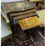 Nest of 4 Victorian Papier Mache Tables with floral painted tops, on spindle legs (widest 23” x 16.