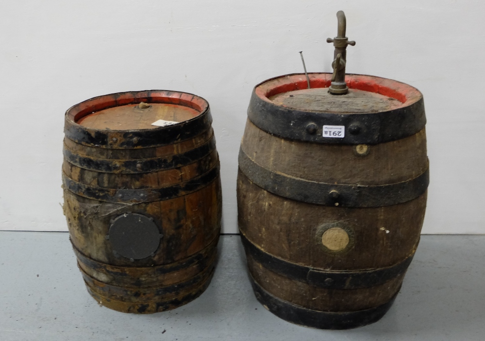 Oak Beer Barrel, Beamish & Crawford, Cork with brass tap No. 98450 20”h x 14” dia & another