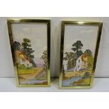 Pair of painted tiles – cottages by a riverside, in brass frames, each 30”h x 7”w