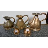 5 antique copper Measuring Jugs (including set of 3, polished)