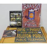 4 modern tin advertising signs – H.M.V., Oifig an Phoist, Veteran Stamps of Ireland & Brasso (4)