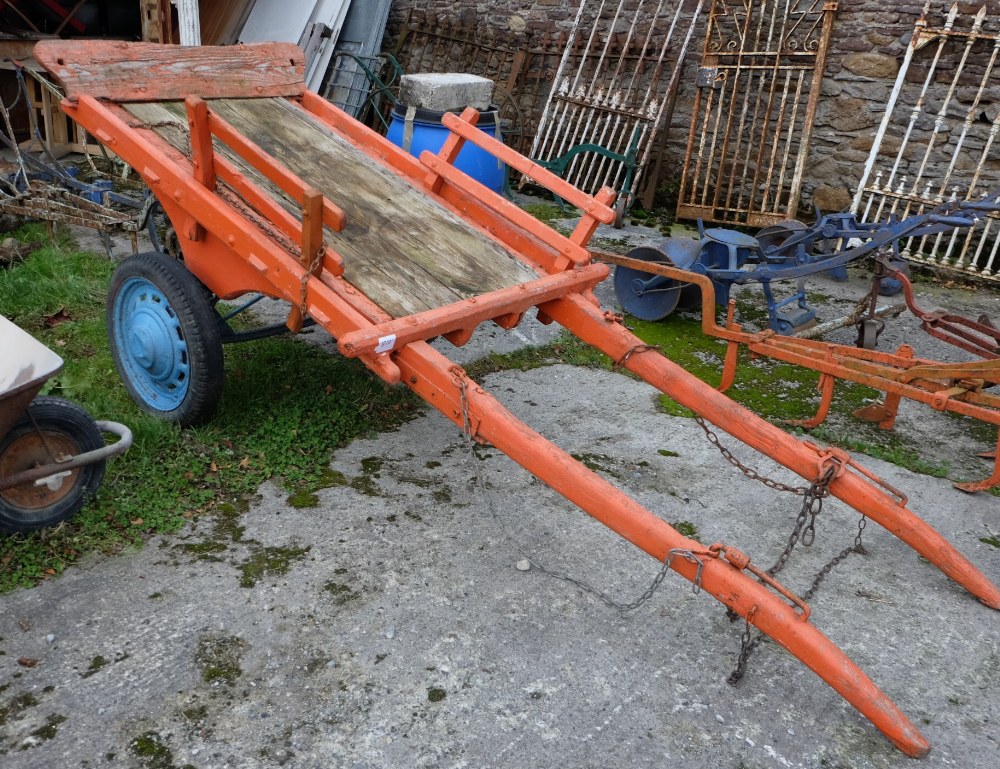 Horse drawn Cart, rubber wheels, painted orange, blue base