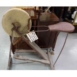 19thC Stone Knife Sharpener, in timber frame with seat, painted red, foot operated, 38”w