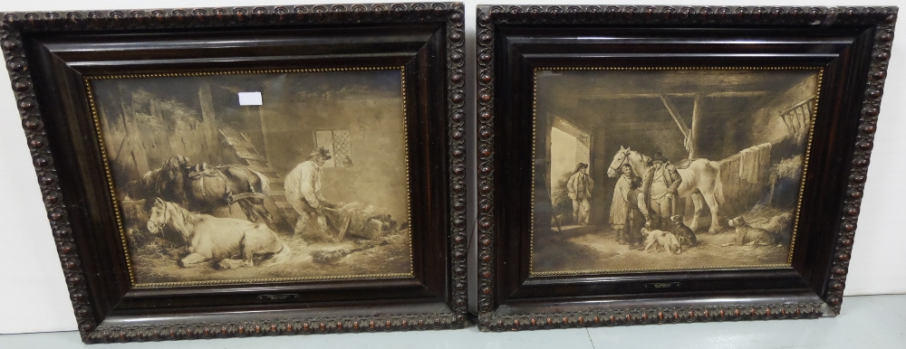 Pair of George Moreland Sepia Lithographs, in moulded frames: “The Reckoning” & “Horses in a