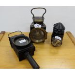 3 black tin cased hand lanterns, incl. 1 Birmingham (brass mounted) (3)