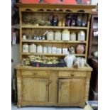 Victorian Pine Kitchen Dresser, stripped, with 3 shelves over a base of 2 drawers and 2 cabinets,