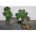 7 metal plaques (some modern), Eire, No Smoking etc & 2 wooden plaques in the form of Irish Map &