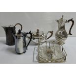 4 silver plate tea/coffee pots (with ebony handles) & glass coaster tray with coasters (5)