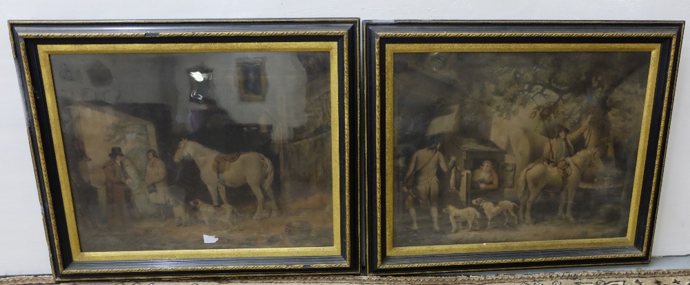 Pair of Moreland Sepia Etchings, “White Horse in Stable” & “Returning Home with the Catch”, in