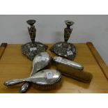 Matching Pair of Continental Silver Plate Candlesticks, decorated in relief with dragons 8”h & 4