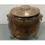 19thC Oval Shaped Copper Fuel Box, with lid, on 4 hairy paw brass feet, lion mask carrying