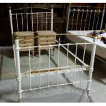 Victorian rail back Iron Bed, with brass finials and top rails, painted white, 4ft w x 7ftl
