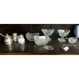 2 pairs of cut glass condiment holders, 3 piece silver plated condiment set with blue glass liners &