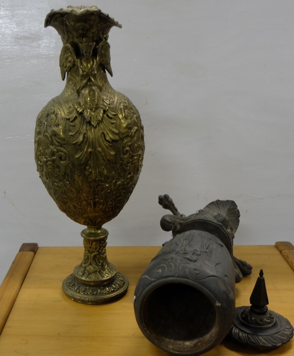 19thC plated Urn with pointed lid, (lined interior) the front panel decorated in relief with Roman - Image 2 of 2