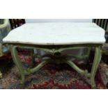 French coffee table, painted green base with sabre legs and gilded mounts, serpentine shaped white