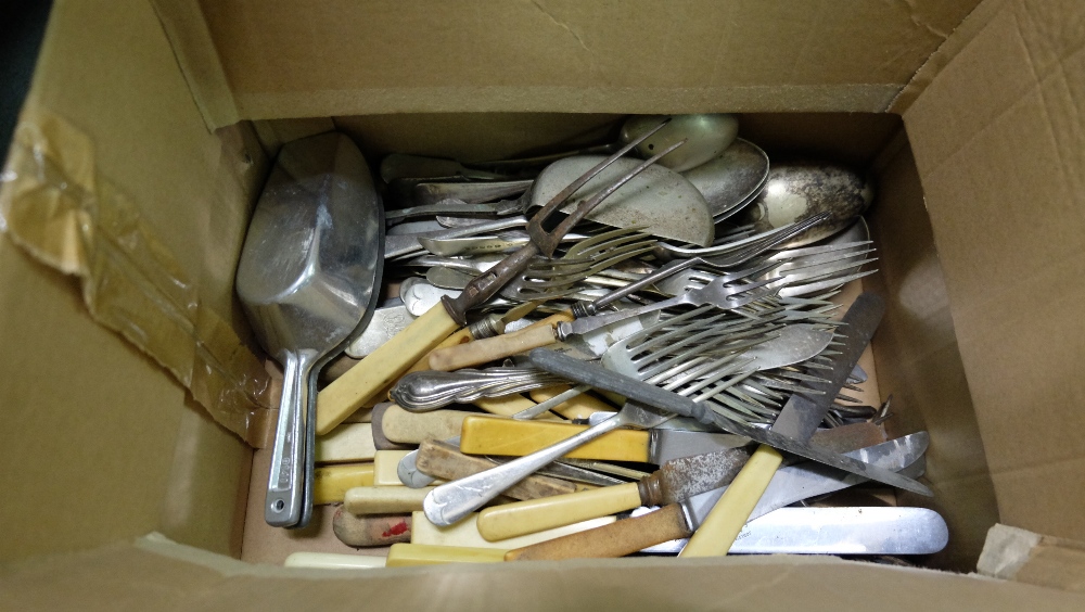 Boxed lot of old cutlery – knives, forks etc, some bone handled