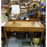 Victorian pitch Pine “Choiffeur”/Wigmakers Table, with two oval shaped swivel mirrors over two