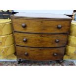 Victorian Mahogany Bow-front Chest of 3 Drawers, with turned wood handles, on turned feet, 3ft