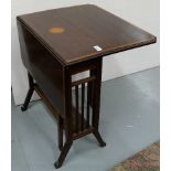 Inlaid Edwardian Mahogany Sutherland Table, with sunburst inlay to the top, on castors, 2ft d x