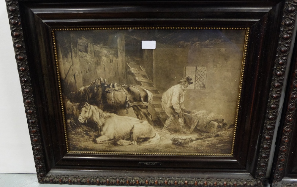 Pair of George Moreland Sepia Lithographs, in moulded frames: “The Reckoning” & “Horses in a - Image 2 of 3