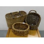 3 old baskets - sugan basket, bottle carrier with handles and high back basket (3)