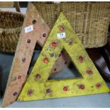 Two triangular shaped cast iron road signs with red glass reflectors, painted (2)