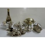 Shelf of Silver Plate Items incl. 2 warming dishes, entrée dish, plated bottle in wine stand etc