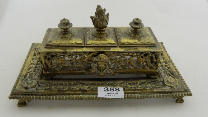 Victorian intricately pierced Brass Ink Well Stand, with 3 compartments, & lion heads on either side