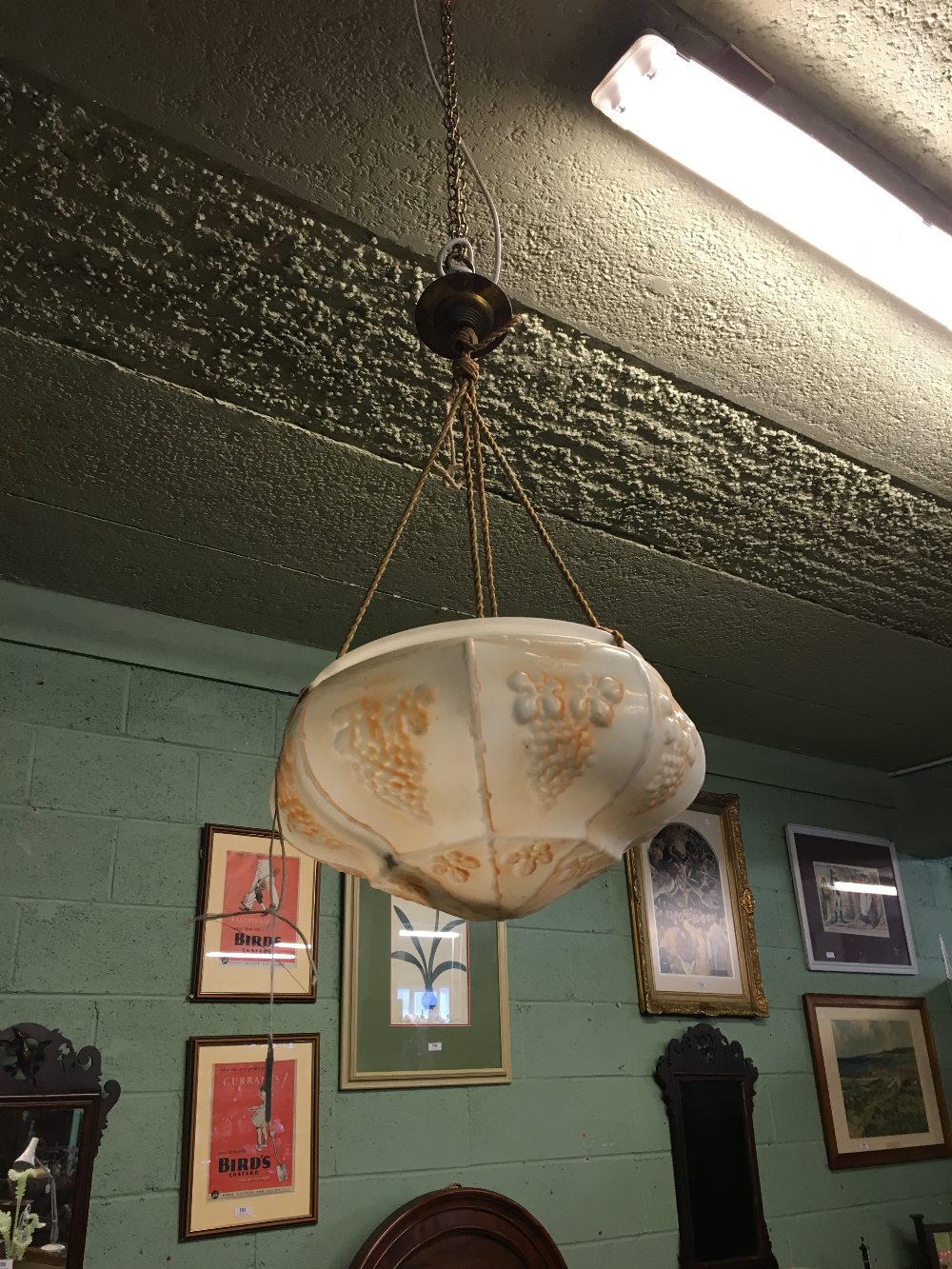 1920's embossed milk glass hanging lamp shade.