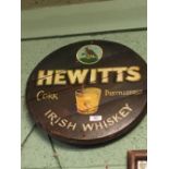 HEWITTS IRISH WHISKEY Cork Distillers wooden sign.