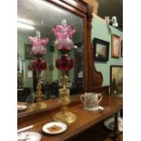 Oil lamp with brass base and column ruby glass bowl and tulip shade.