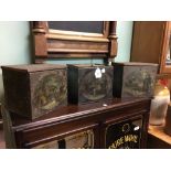 Three 19th C. tin plate tea tins with Oriental scenes.