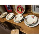 Eight late 19th C. brushware plates and a spongeware porridge bowl.