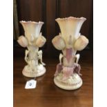 Pair of 1st Period Belleek Three tulip vases tinted pink. Black stamp.