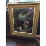 Early 18th. C. Irish oil on canvas Dog and Family mounted in a gilt frame. { 61cm H x 48cm W }..