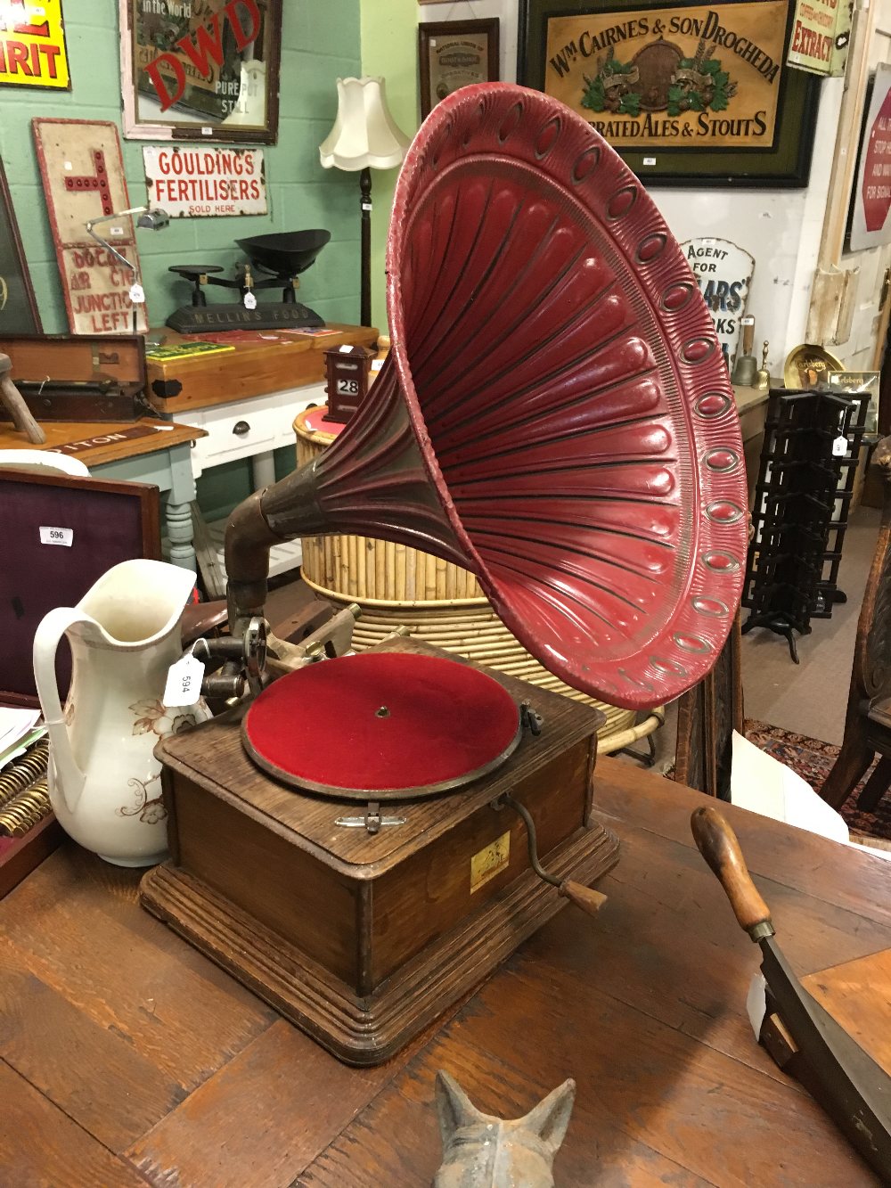 HIS MASTER'S VOICE gramophone with original tin horn.