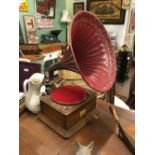 HIS MASTER'S VOICE gramophone with original tin horn.